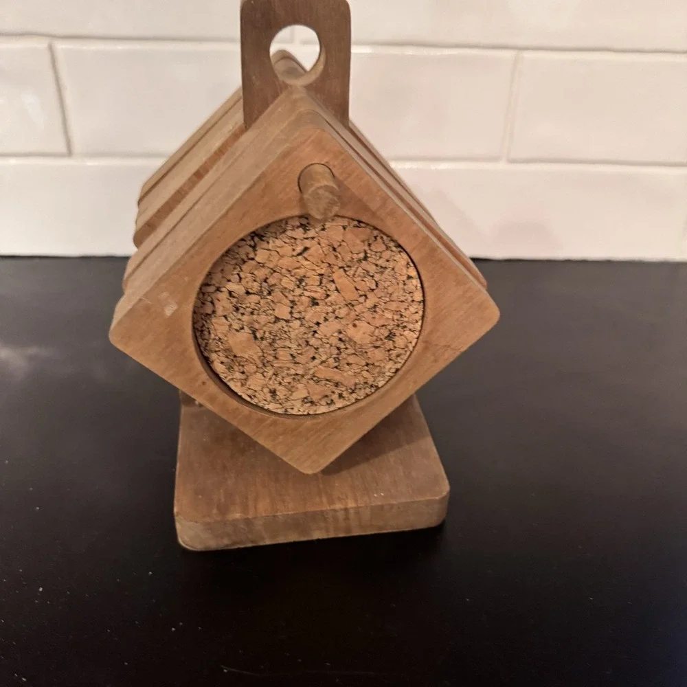 Vintage Wood & Cork Hanging Coasters 4x4 in Square Mid Century Modern‎ Set Of 6
